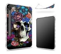 Custodia progettata per Samsung Galaxy Tab S8 Plus 2022/S7 FE 2021/S7 Plus 2020 da 12,4 pollici con portapenne, retro trasparente con fiore di teschio, sottile e morbido TPU antiurto