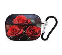 Custodia protettiva antiurto per Airpods Pro di seconda generazione, con clip a moschettone, anti-caduta, motivo rose rosse, colore nero