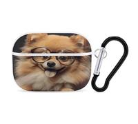 Custodia protettiva antiurto per Airpods Pro di seconda generazione, con moschettone, anti-caduta, con cane Pomeranian che indossa occhiali e auricolari, colore bianco