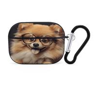 Custodia protettiva antiurto per Airpods Pro di seconda generazione, con moschettone, anti-caduta, con cane Pomeranian che indossa occhiali e auricolari, colore nero