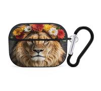 Custodia protettiva antiurto per Airpods Pro di seconda generazione, con moschettone anti-caduta, con leone africano che indossa un fiore sulla testa, colore nero