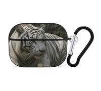 Custodia protettiva antiurto per Airpods Pro di seconda generazione, con moschettone, anti-caduta, motivo tigre bianca del Bengala, colore nero