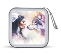 Custodia protettiva in plastica rigida con cordino portatile per 40 CD e DVD, con scritta in lingua inglese "Nativi American Women and Wolf", Stile:, Taglia unica