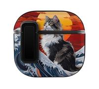 Custodia protettiva per auricolari con gatto giapponese e onde oceaniche, compatibile con AirPods 4