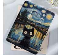 Custodia protettiva per tablet con motivo gatto nero, caratterizzata dal tema de "La notte stellata" di Van Gogh con paesaggio fluviale, compatibile con iPad 9.7/10.2/10.5/10.9/12.9/Pro 11 (10a gen),