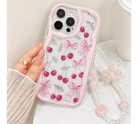 Custodia protettiva per telefono con fiocco ondulato lucido color crema e decorazione dipinta a ciliegie, accessoriata con braccialetto fatto a mano con perline, compatibile con 16/11/16pro/16plus/16p