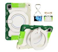 Custodia protettiva resistente for Vivo Pad 11 pollici, supporto girevole a 360°, tracolla, portapenne e anello for maniglia, copertura antiurto for bambini e adulti(Green White)