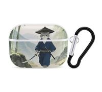 Custodia protettiva rigida per Airpod Pro con clip di blocco di sicurezza, motivo gatto samurai giapponese, compatibile con Airpod Pro di 2a/1a generazione, custodia per donne e uomini, LED frontale