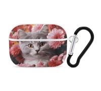Custodia protettiva rigida per Airpod Pro con clip di blocco di sicurezza, motivo gatto tra fiori, compatibile con Airpod Pro di 2a/1a generazione, per donne e uomini, LED frontale visibile, bianco