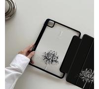 Custodia protettiva trasparente in acrilico con elemento floreale nero e lettera, compatibile con iPad 7a, 8a e 10a generazione (10,2 pollici), con slot per matita, funzione di sospensione/riattivazio