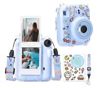 Custodia protettiva trasparente in materiale PVC rigido per fotocamera Fujifilm Mini 12/Mini 12 Instant, con tasca per contenere 10 foto - Include cinturino da spalla e adesivi per la fotocamera - Blu