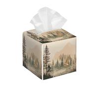 Custodia quadrata per fazzoletti in pelle PU, organizer per il viso vintage, con foresta nebbiosa e villaggio di montagna, dispenser per casa, tavolo, bagno, bagno, camera da letto, ufficio