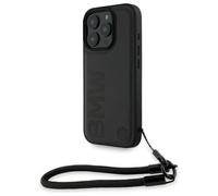 Custodia rigida BMW con cordino in pelle Signature, colore nero, per iPhone 16 P