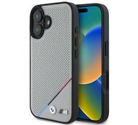 Custodia rigida BMW MagSafe con perforazione e linea tricolore per iPhone 16