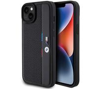 Custodia rigida BMW per iPhone 15 Plus, nera traforata.
