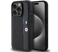 Custodia rigida BMW per iPhone 15 Pro, nera traforata.