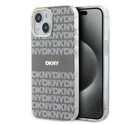 Custodia rigida DKNY per iPhone 15, beige, monocromatica e a righe, con MagSafe.