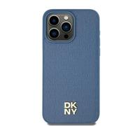 Custodia rigida DKNY per iPhone 15 con motivo in pelle e MagSafe, colore blu.