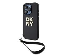 Custodia rigida DKNY per iPhone 15 Pro con cinturino da polso e logo, colore ner