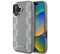 Custodia rigida DKNY per iPhone 16 con motivo a scacchi e MagSafe, colore beige.