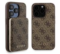 Custodia rigida Guess MagSafe per iPhone 15 Pro, colore marrone.