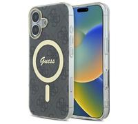 Custodia rigida Guess MagSafe per iPhone 16, colore nero.