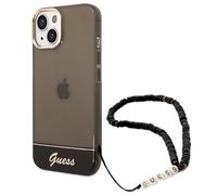 Custodia rigida Guess per iPhone 14 con cinturino traslucido color perla e perla