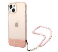 Custodia rigida Guess per iPhone 14 Plus con cinturino traslucido color rosa per