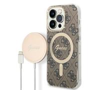 Custodia rigida Guess per iPhone 14 Pro 4G con stampa MagSafe, colore marrone.