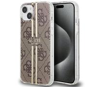 Custodia rigida Guess per iPhone 15 Plus IML 4G con strisce marroni e oro.