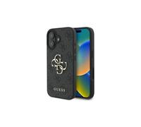 Custodia rigida Guess per iPhone 16, nera, con logo grande.