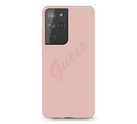 Custodia rigida Guess per Samsung Galaxy S21 Ultra, colore rosa con scritta.