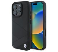 Custodia rigida in pelle BMW con motivo a linee incrociate per iPhone 16 Pro Max