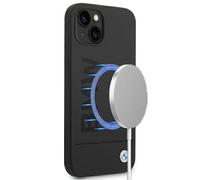 Custodia rigida in silicone BMW per iPhone 14 Plus con MagSafe, colore nero.