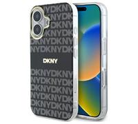 Custodia rigida nera DKNY per iPhone 16 con motivo a trama ripetuta