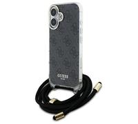 Custodia rigida nera Guess per iPhone 16, tracolla e cordino, compatibile con iP