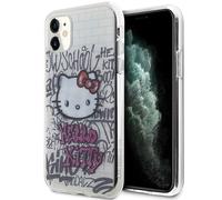 Custodia rigida per iPhone 11 Hello Kitty Kitty On Bricks Graffiti bianca