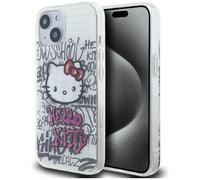Custodia rigida per iPhone 15 Hello Kitty Kitty On Bricks Graffiti bianca