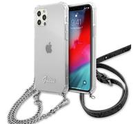 Custodia rigida trasparente Guess con catena argentata per iPhone 12