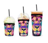 Custodia riutilizzabile per tazze fredde con isolamento termico, motivo: "Animal King Trippy Lion Watercolor Art", custodia resistente per bevande fredde, portabevande per caffè freddo.