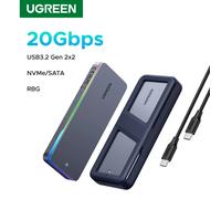 Custodia SSD UGREEN M.2 da 20 Gbps Adattatore per custodia SSD NVMe SATA Custodia esterna USB 3.2 Gen2 Supporta effetto di illuminazione RGB