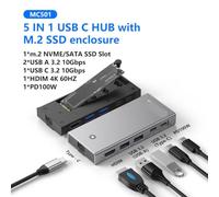 Custodia SSD USB C Hub Docking Station per laptop 4K 60Hz HDMI Com USB3 2 10Gbps PD100W Custodia SD TF SSD compatibile con Blueendless M2 Sata NVMe(MC501)