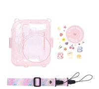 Custodia trasparente per Instax Mini 12 fotocamera istantanea con tasca per foto, custodia protettiva in cristallo + adesivo + cinturino set da 3 pezzi (rosa)