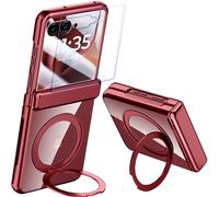 Custodia Trasparente per Motorola Razr 60 Ultra con Supporto Magnetico Rotante ad Anello, Pellicola Protettiva per lo Schermo e Protezione della Cerniera Ricarica Wireless Placcatura Cover(Rosso)