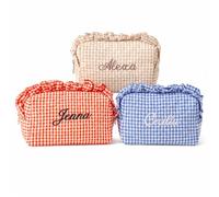 Custodia Trucco Personalizzata Con Ricamo Del Nome E Dettaglio A Balze | Grazioso Organizer Bellezza Vichy Borsa Personalizzata Con Iniziali Per Cura Pelle Articoli Da Toilette E Piccoli Essenziali