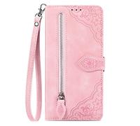 Custodie Compatibile con ZTE Blade A76 5G Case Flip Cover con magnetica, tasca con cerniera, in pelle PU, con 7 scomparti per carte di credito, con Cinturino da Polso ,Goffrato Fiore Cover,Rosa