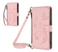 Custodie for Huawei Mate 70 Air Case Flip Cover con magnetica, tasca con cerniera, in pelle PU, con 5 scomparti per carte di credito, con Cinturino da Polso ，Goffrato Fiore Cover,Rosa