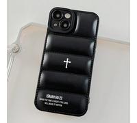 Custodie per telefono in stile piumino con elementi di slogan in bianco e nero, custodia per telefono con stampa della croce e del versetto biblico "Quando sarà il momento giusto, io il Signore lo far