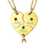 Custom4U 3 Nomi Oro Collana Puzzle Personalizzata a Cuore 12 Mesi Pietra Portafortuna Set Nome Incisione Laser in Acciaio Inox Impermeabile BFF Famiglia Amicizia Coppie