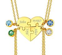 Custom4U 4 Pezzi Oro Collana Personalizzata Puzzle Jigsaw 2/3/4 Pezzi con Pietra Portafortuna Ciondolo Abbinato Set Personalizzato Famiglia/Amicizia/BFF/Coppia